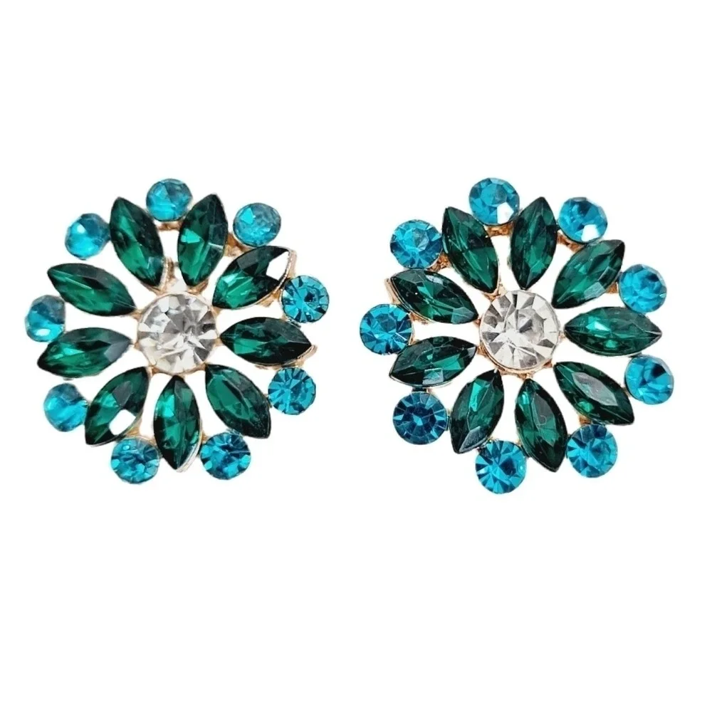 Green Turquoise Rhinestone Cluster Flower Statement Stud Earrings formal prom 💖